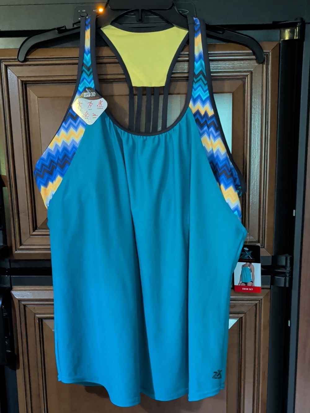 Women's Teal Tankini Swim Top with Chevron Accents Top Only